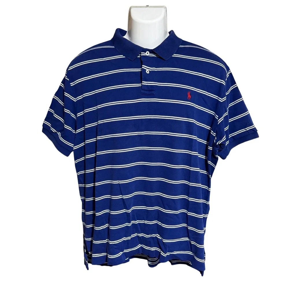 Polo Ralph Lauren Polo Shirt Mens XL Blue White Striped Short Sleeve Logo Vtg